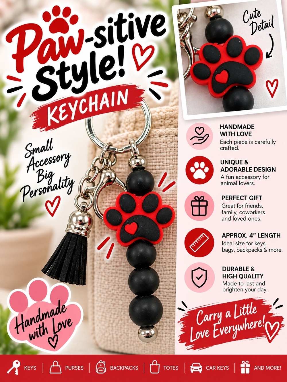 A80. Paw Print Keychain in Black & Red NWT